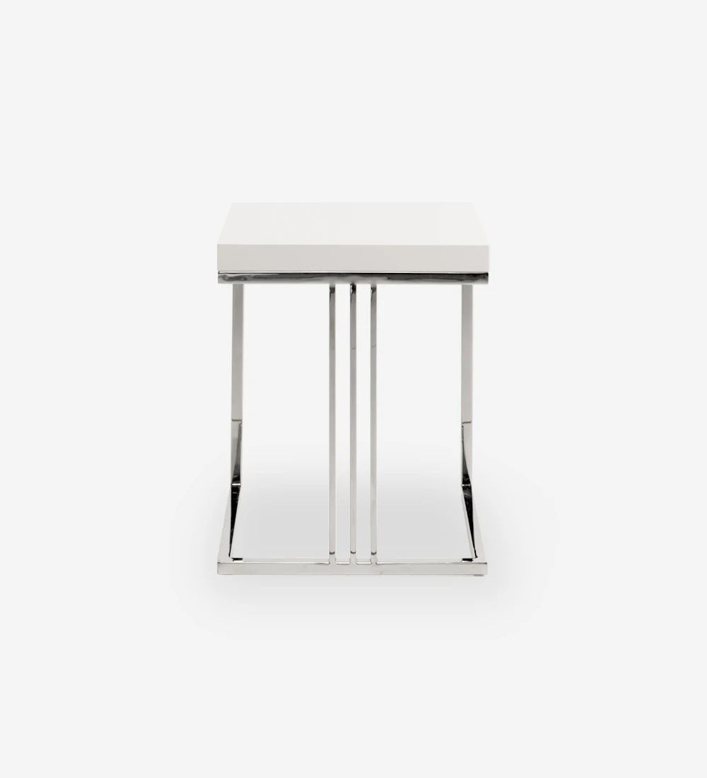 Square side table with pearl lacquered top and stainless steel foot.