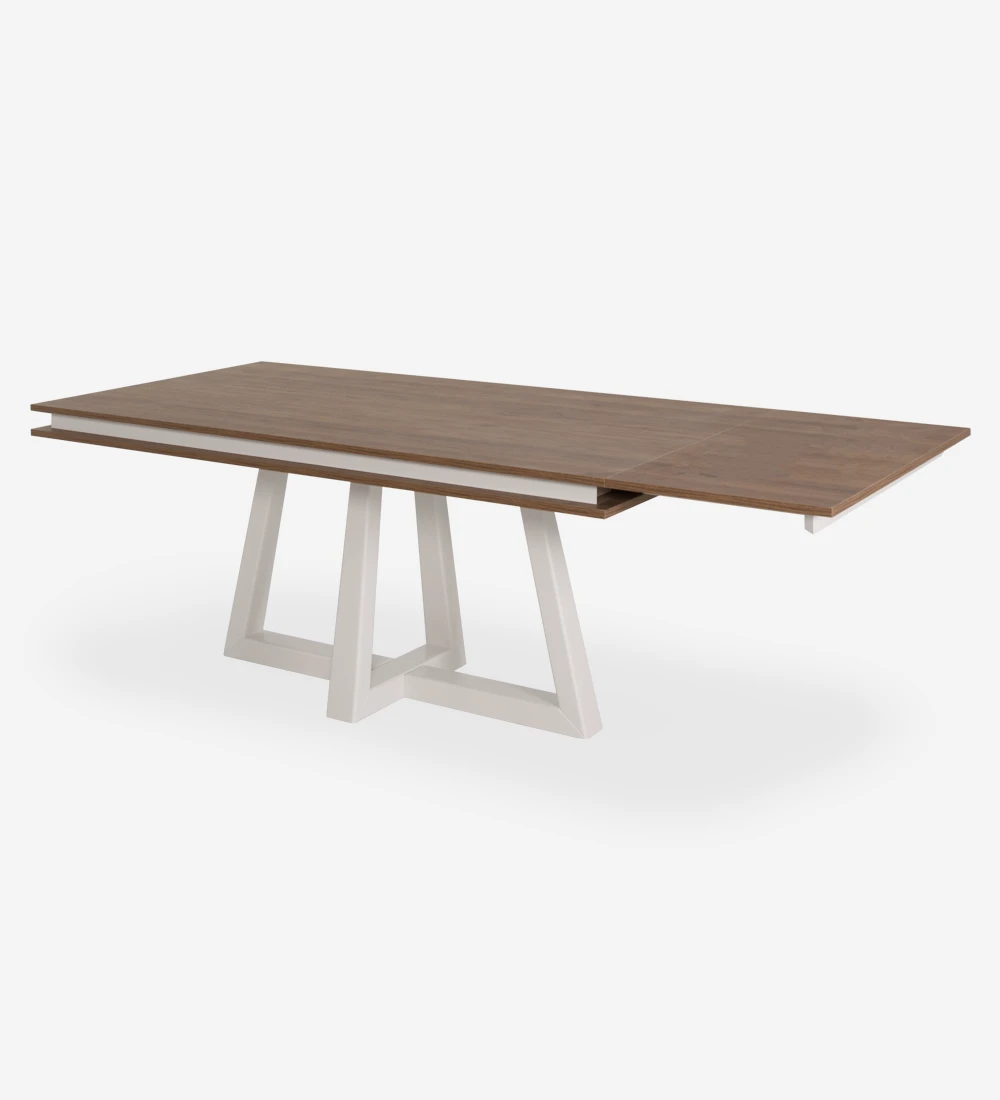 Rectangular extendable dining table with aged oak top, pearl lacquered center foot.
