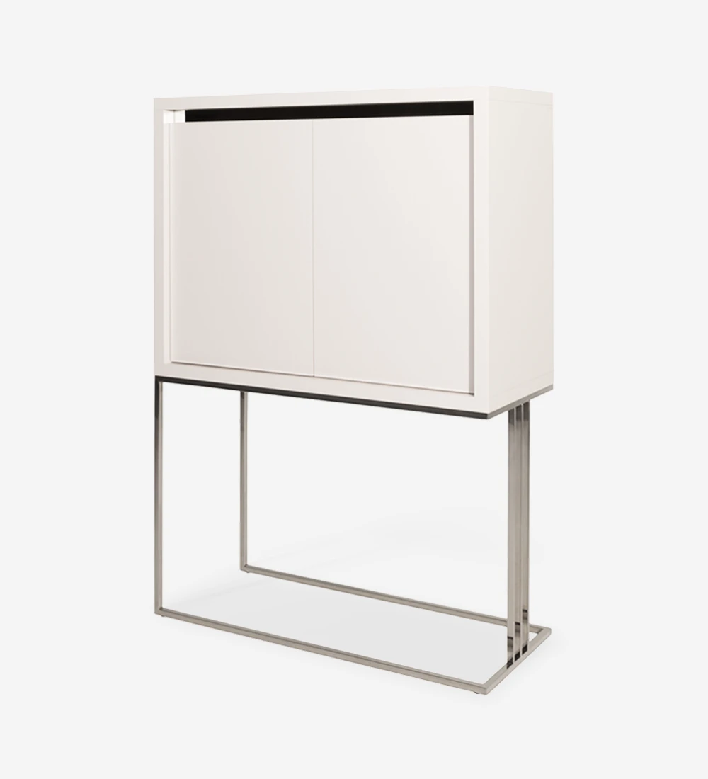 Cupboard with 2 doors and structure in lacquered pearl, with mirror detail and stainless steel foot.