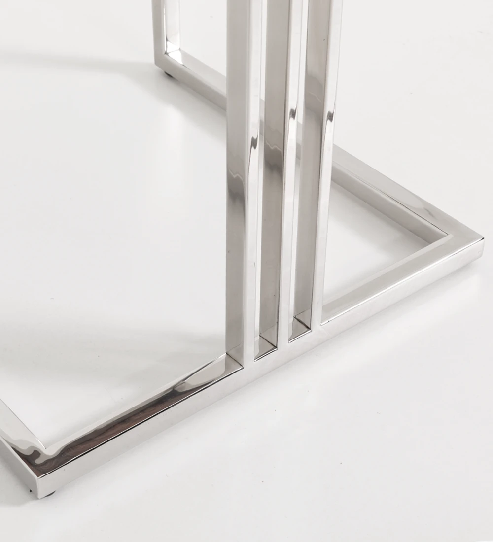Square side table with high gloss palisander top and stainless steel foot.