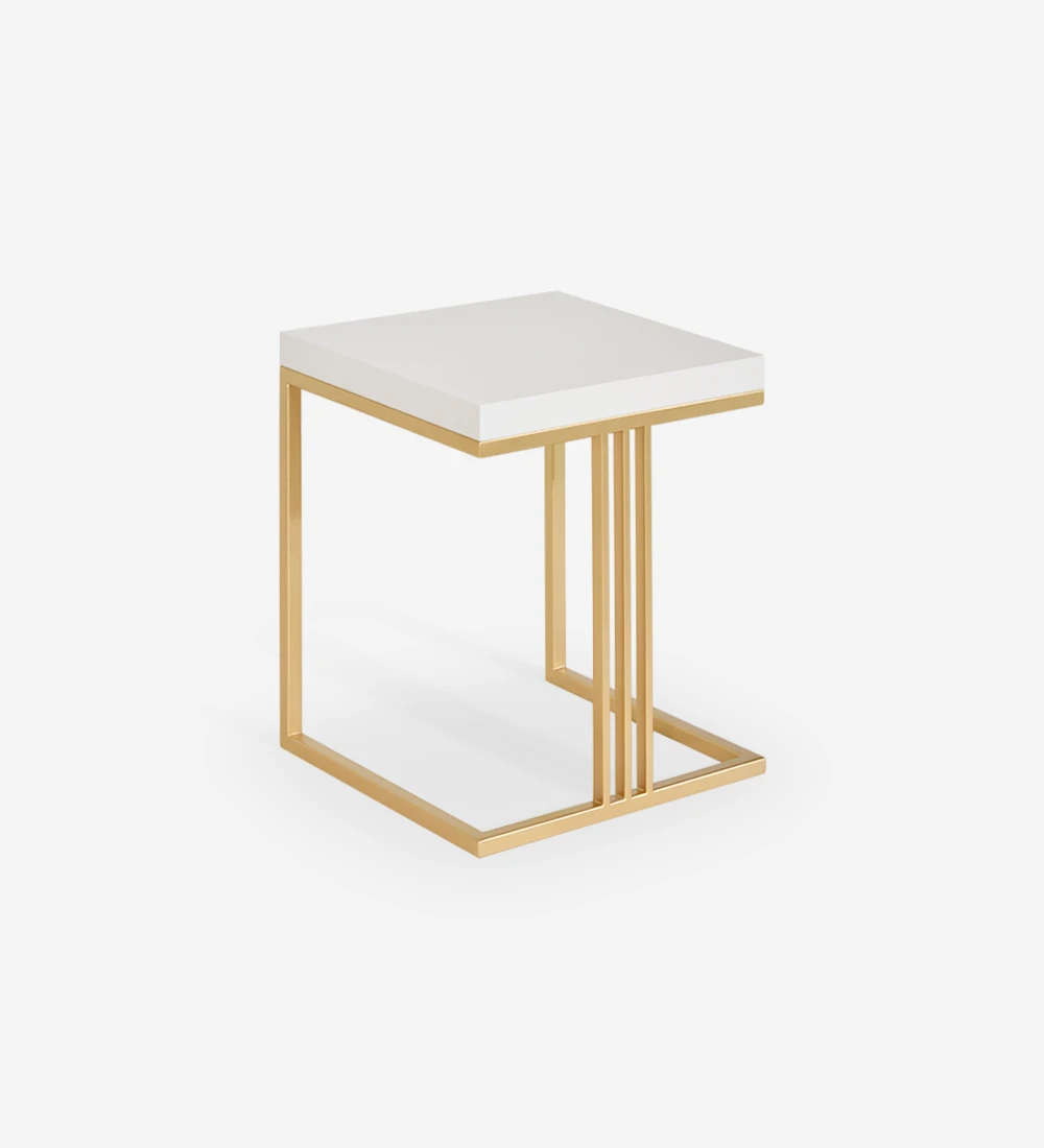 Square side table with pearl lacquered top and gold lacquered metallic foot.