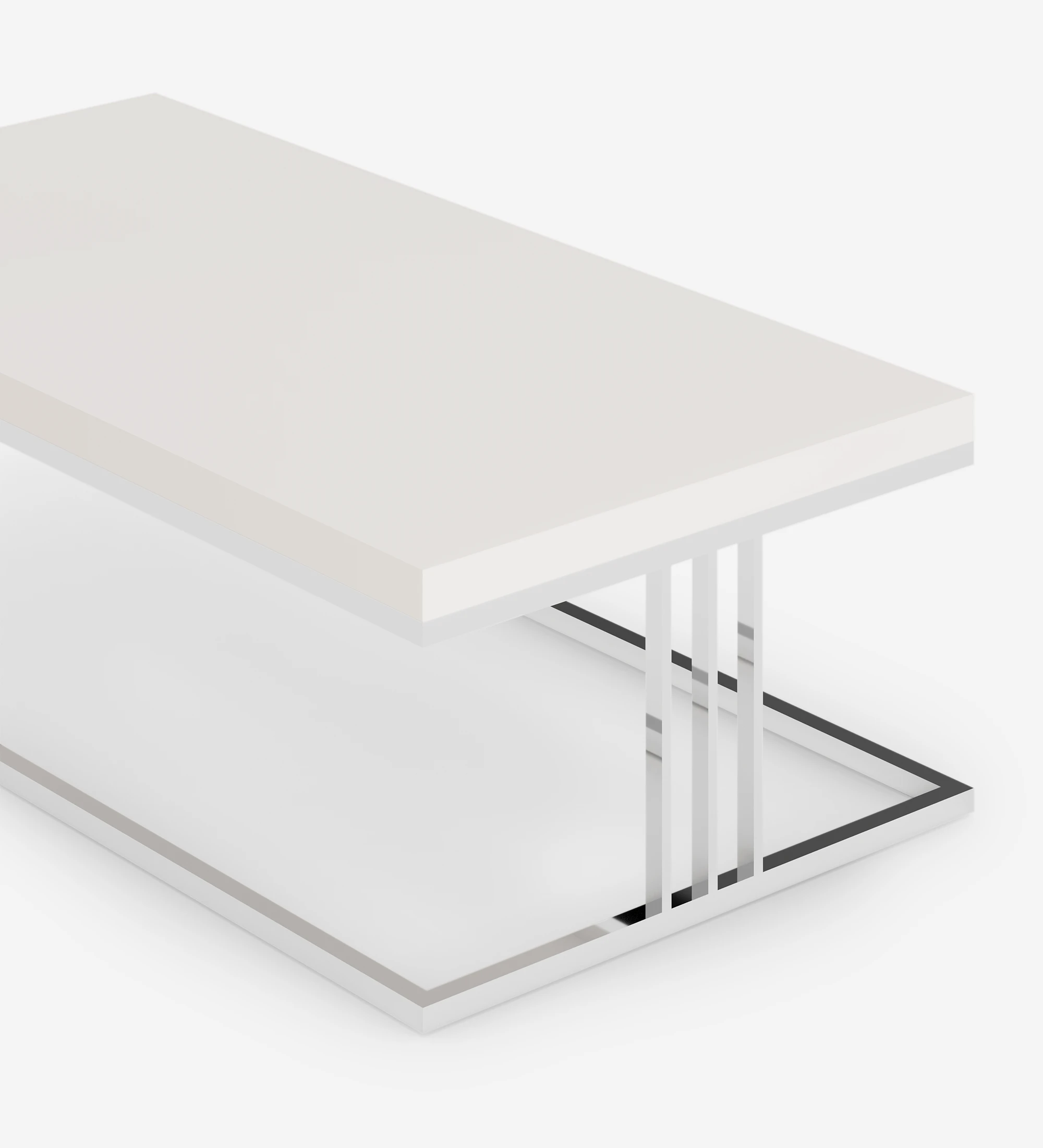 Londres rectangular center table, pearl lacquered top, stainless steel foot, 120 x 60 cm.