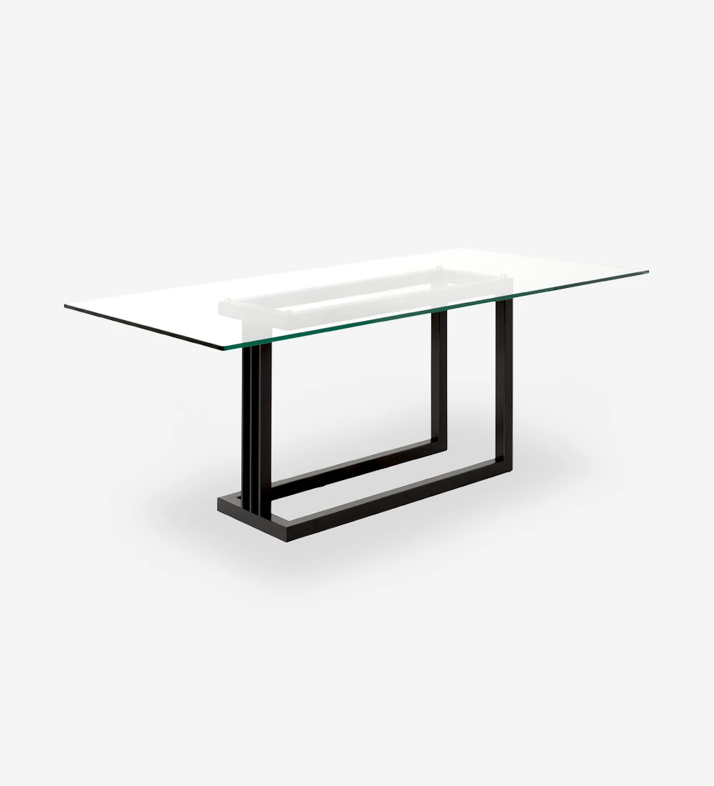 Mesa de jantar retangular com tampo de vidro e pé metálico lacado a negro