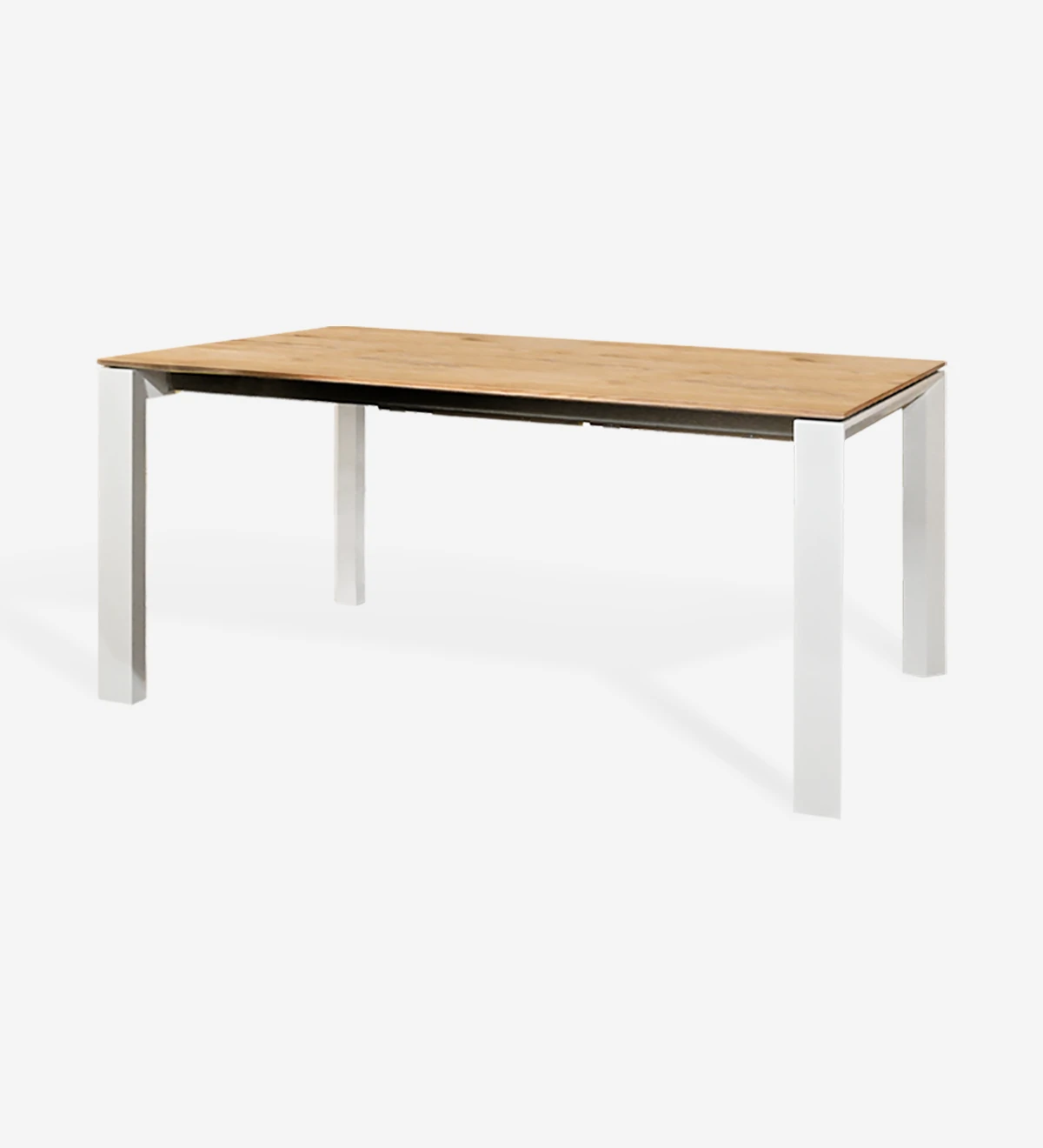 Rectangular extendable dining table with natural oak top, pearl lacquered metal legs.