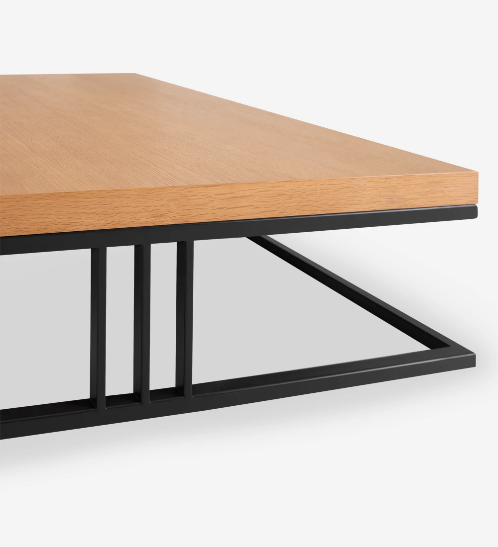 Square center table with honey oak top and black lacquered metallic foot.