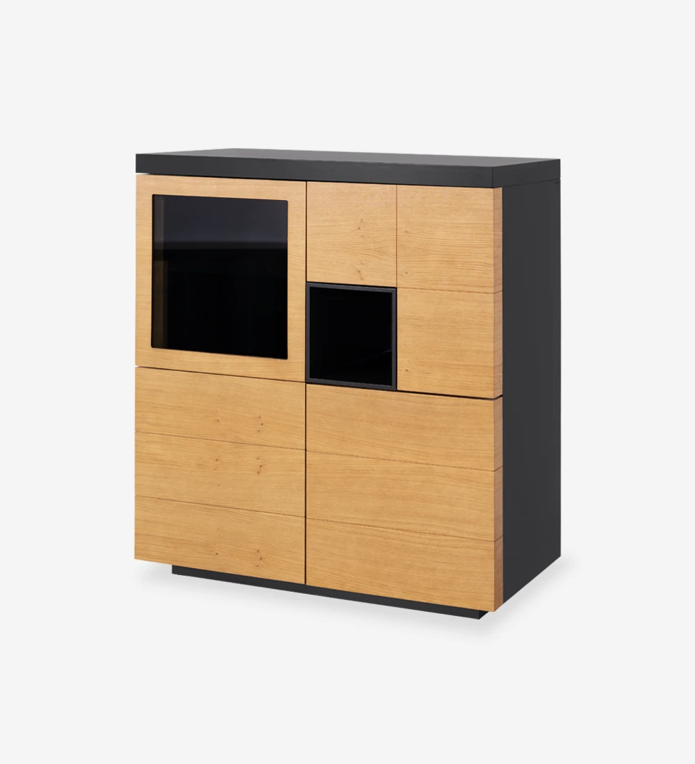 Cupboard with 4 doors in natural oak, black lacquered frame and module.