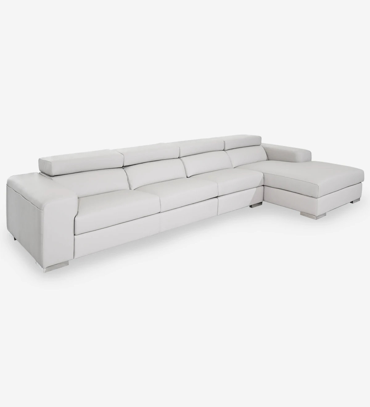 3 seater sofa with chaise longue, upholstered in eco-leather light grey, with reclining headrests.