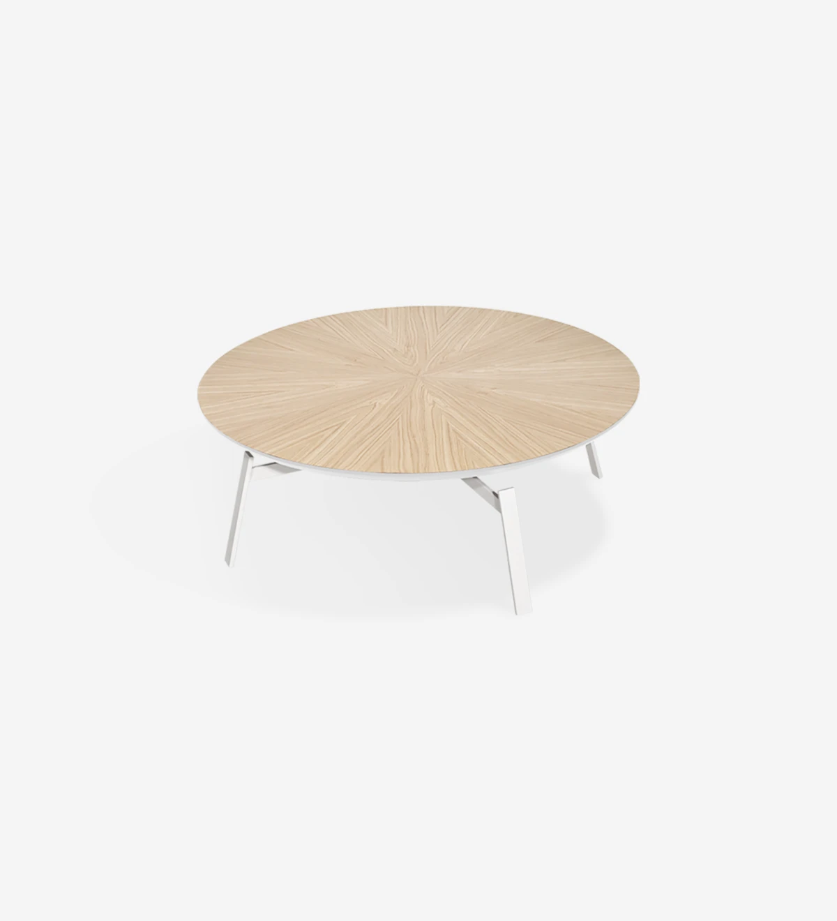 Round center table with natural oak top and pearl lacquered metallic foot