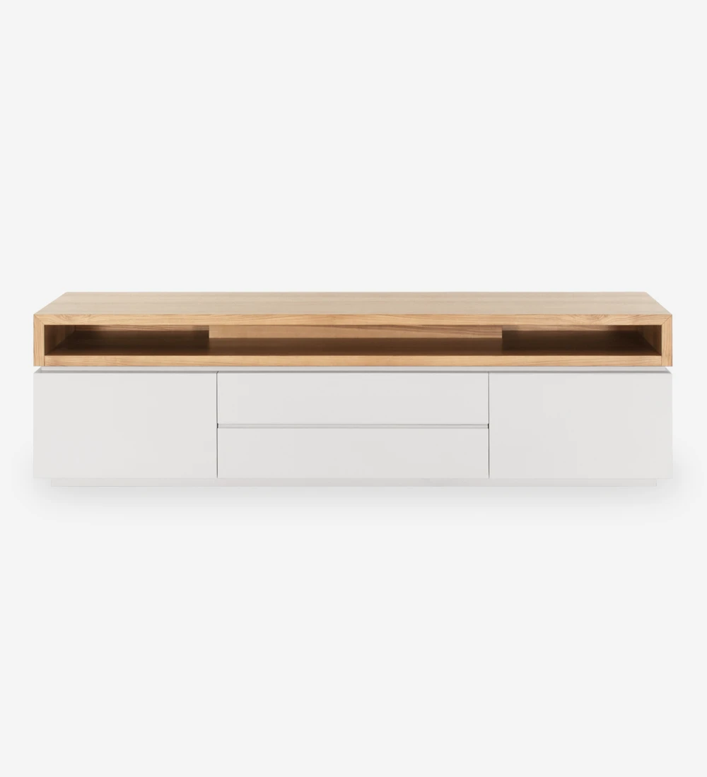 TV Stand with pearl lacquered structure and natural oak top module.