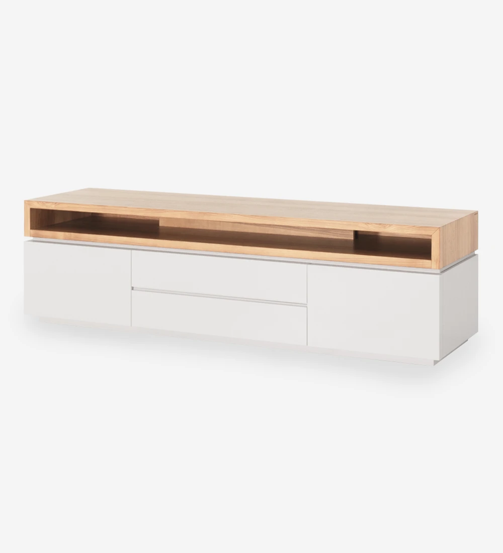 TV Stand with pearl lacquered structure and natural oak top module.