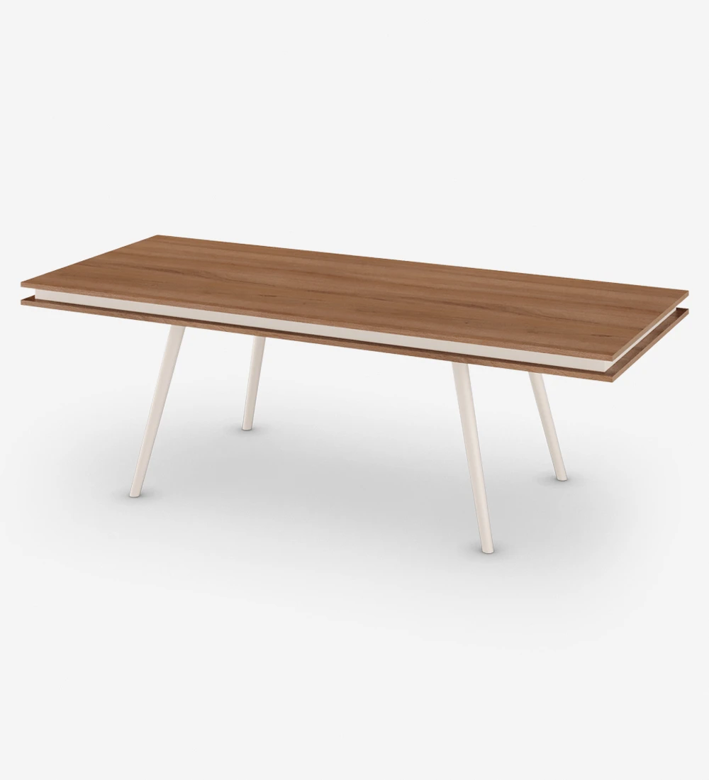 Rectangular dining table with walnut top, pearl lacquered legs.