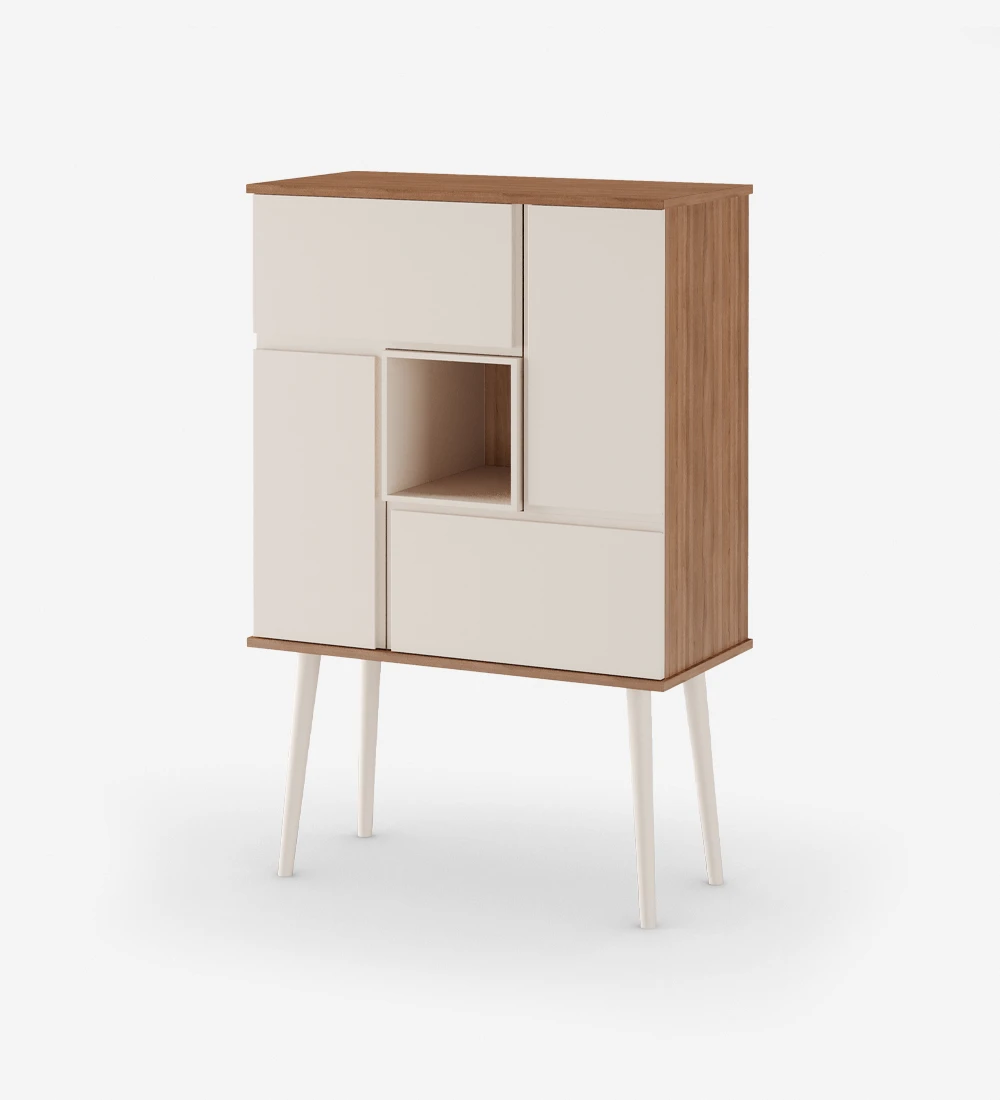 Oslo bar cabinet with walnut structure, pearl lacquered doors, module and feet, 92 x 141,2 cm.