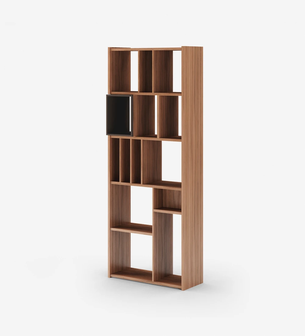 Oslo vertical bookcase in walnut, dark brown lacquered module, 70 x 180 cm.