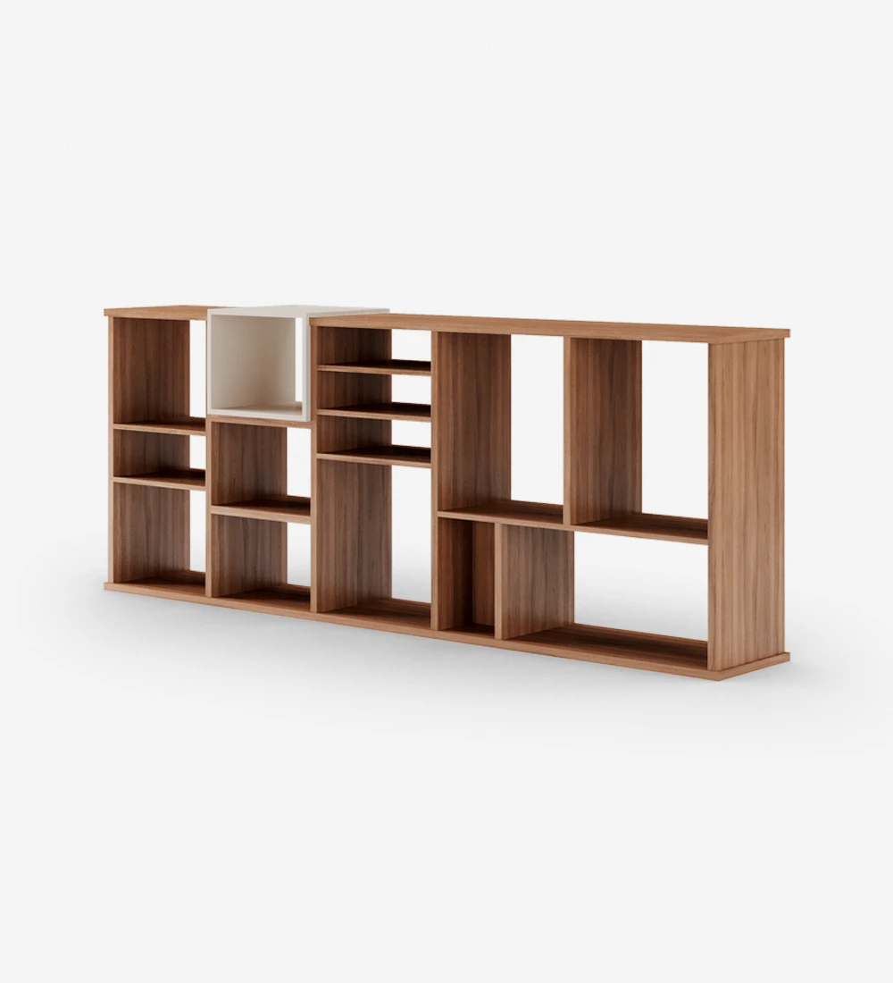 Horizontal bookcase in walnut with a pearl lacquered module.