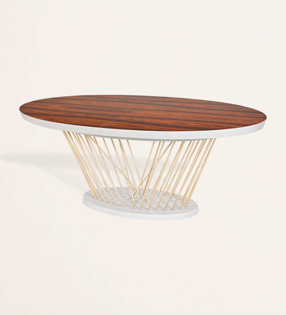 Oval extendable dining table with high gloss palissander top, gold lacquered metal legs and pearl lacquered base.
