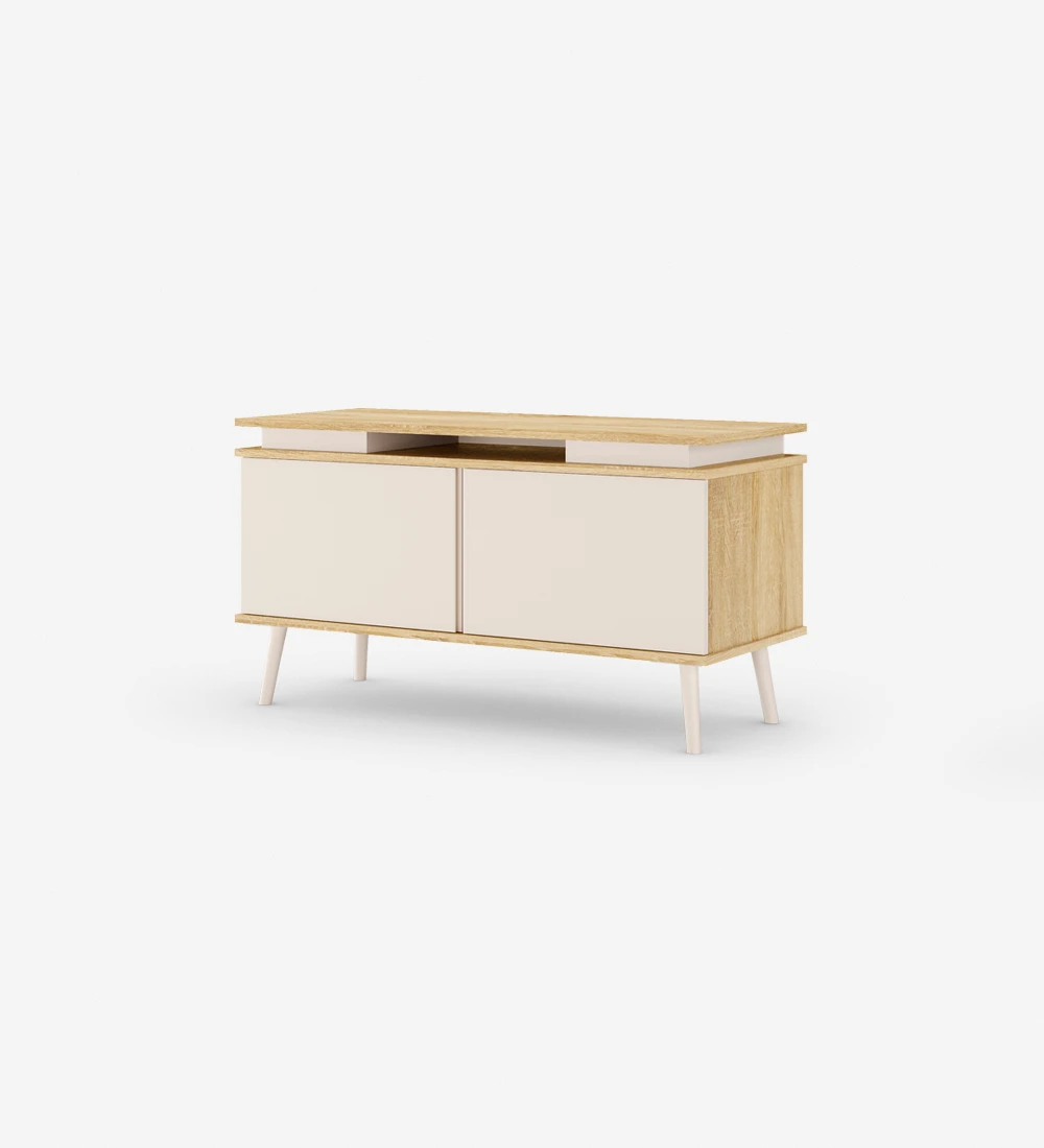 Oslo TV stand 2 doors and feet lacquered in pearl, structure in natural oak, 120 x 58,8 cm.