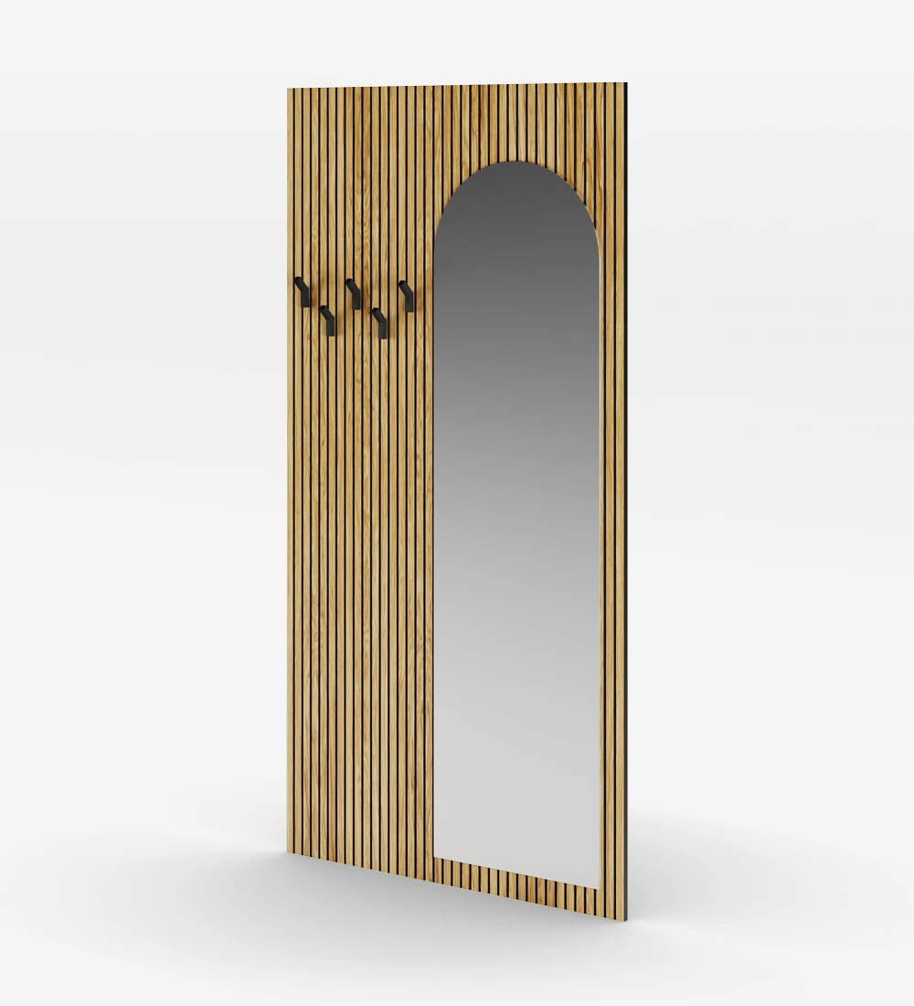 Panel for entrance hall in natural oak with friezes, with mirror, hooks in black.