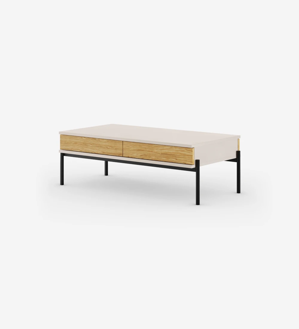 Table basse rectangulaire en perle, 2 tiroirs en chêne naturel, structure en métal laqué noir, pieds niveleurs.