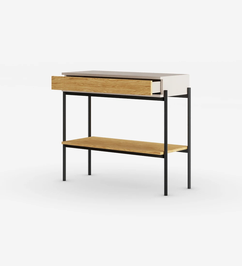 Console with drawer and shelf in natural oak, pearl structure and black lacquered metal feet with levelers.