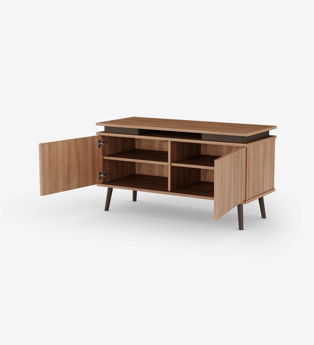 TV stand with 2 doors and walnut structure, lacquered feet in dark brown.