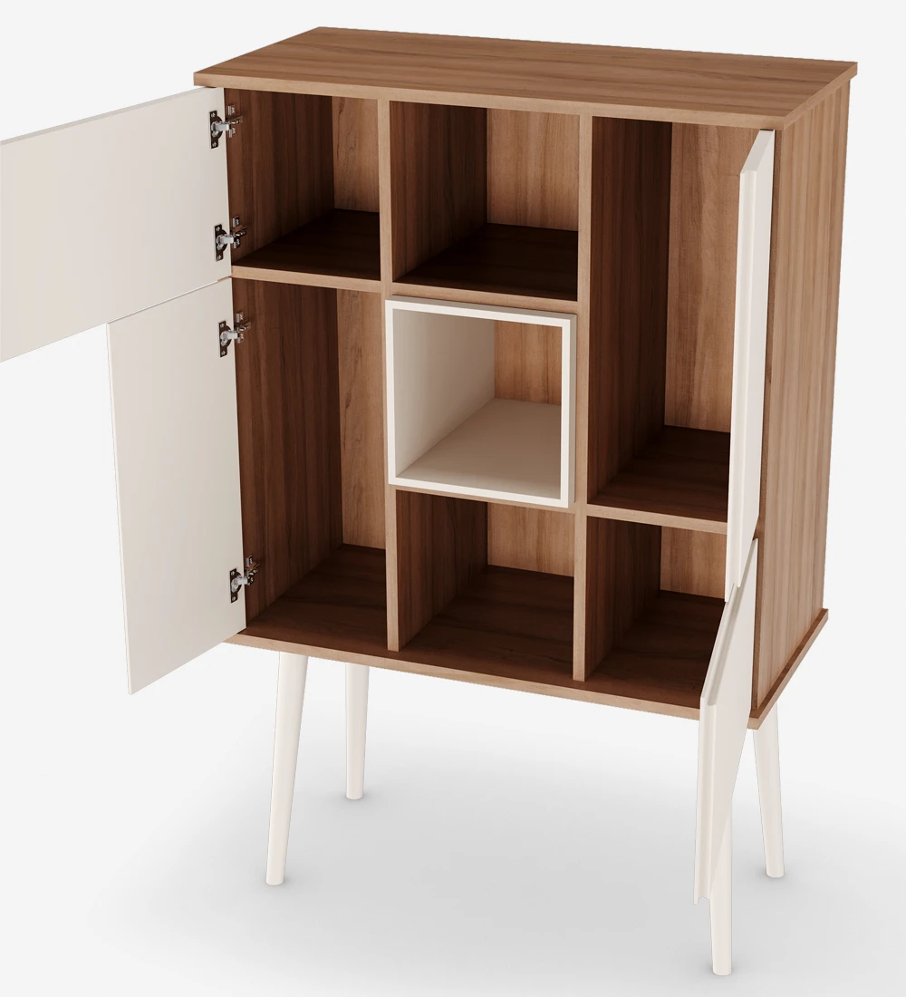 Bar cabinet with walnut structure, doors, module and feet lacquered in pearl.