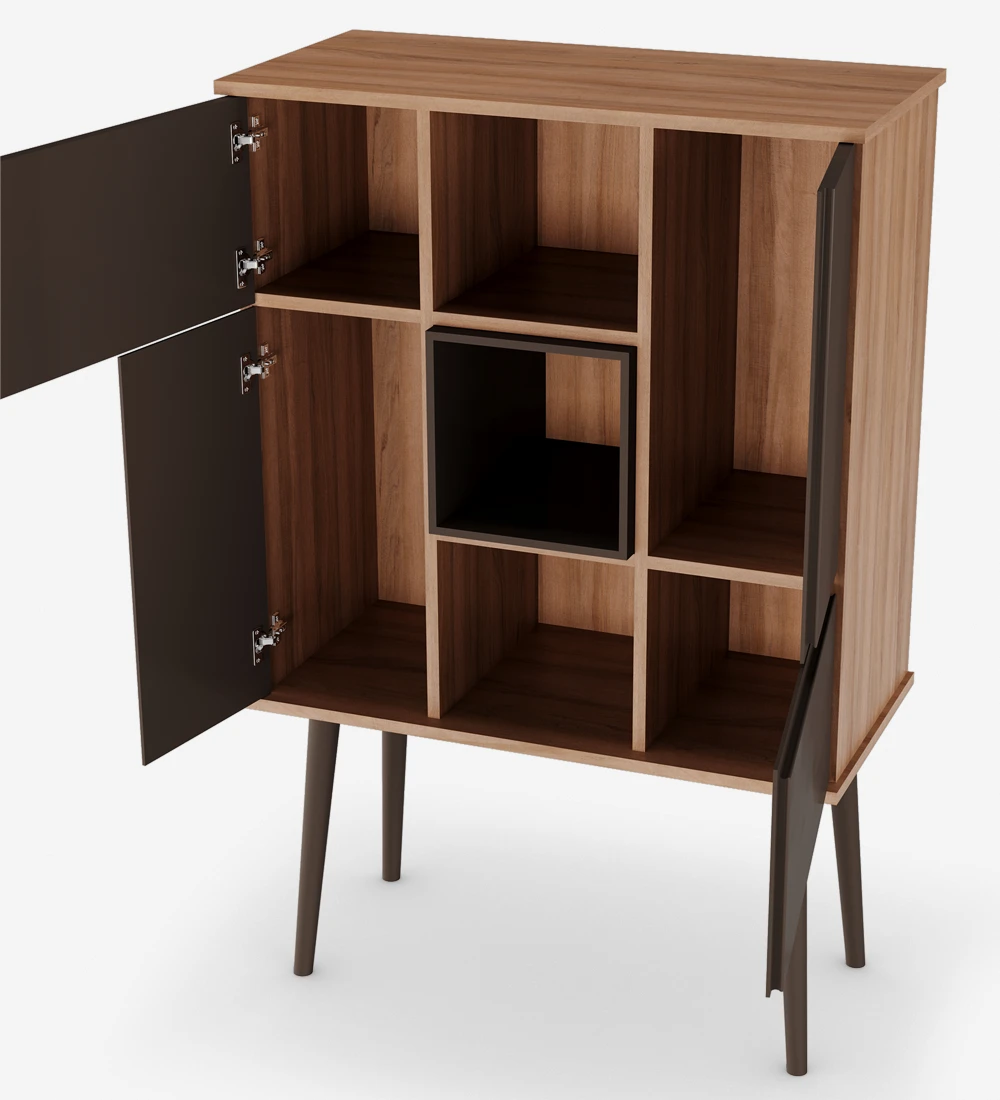 Oslo bar cabinet with walnut structure, dark brown lacquered doors, module and feet, 92 x 141,2 cm.