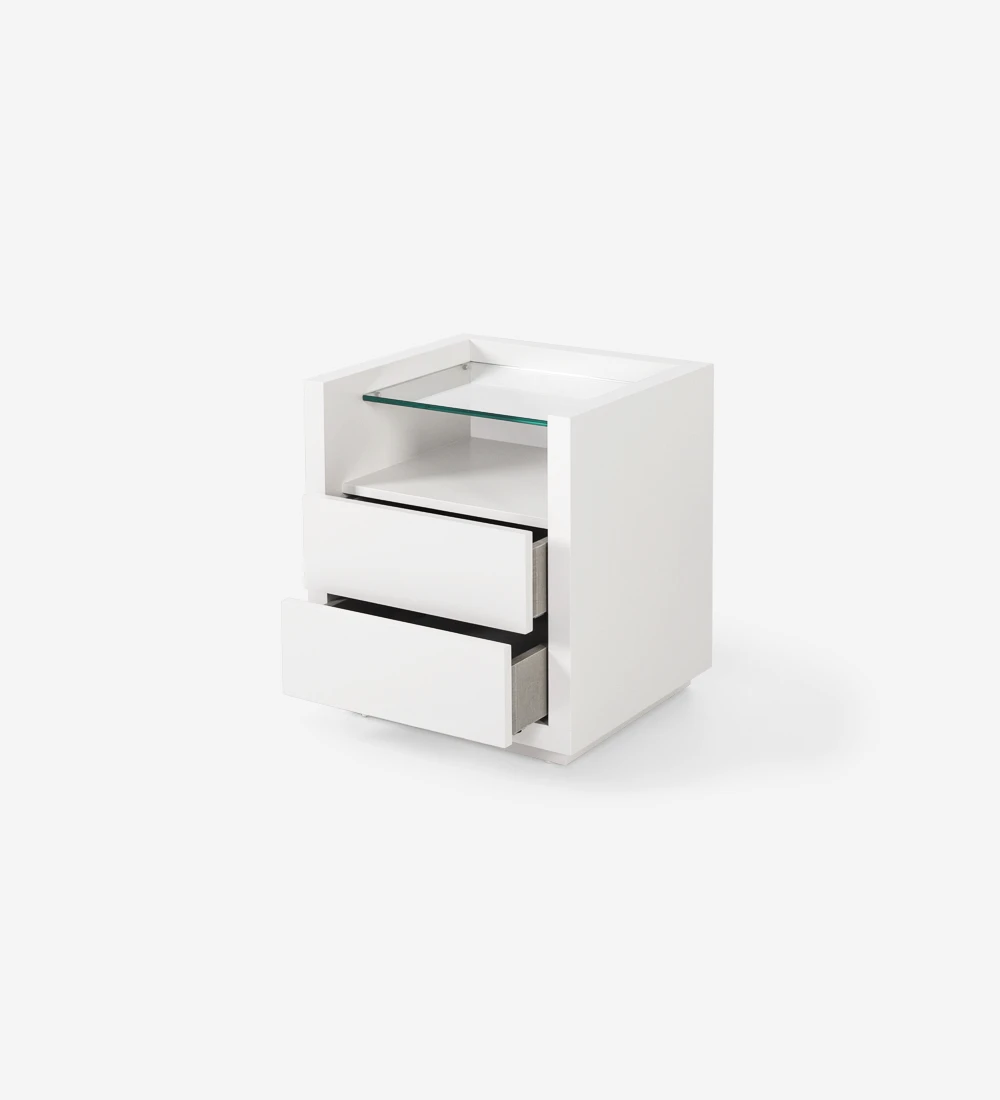 Bedside table with 2 drawers, in pearl lacquer, with glass shelf.