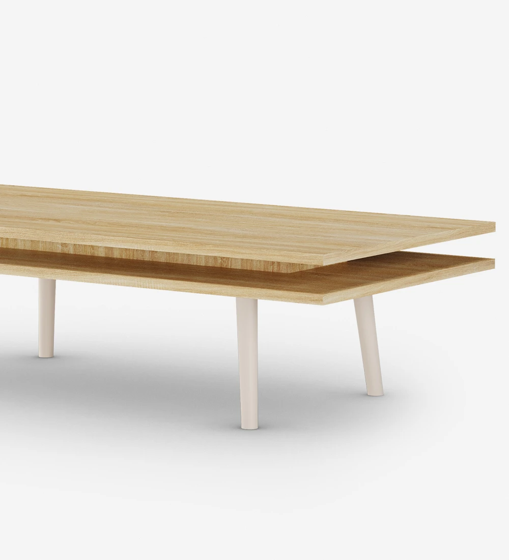 Table basse rectangulaire à deux plateaux en chêne naturel et pieds laqués perle.