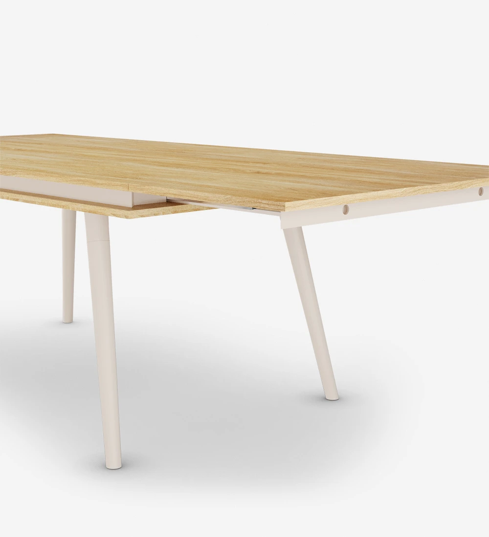 Rectangular extendable dining table with natural colored oak top, pearl lacquered legs.