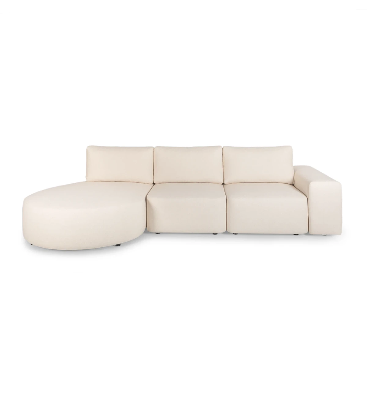 Canapé Paris 2 places et chaise longue gauche, recouvert en tissu beige, 307 cm.