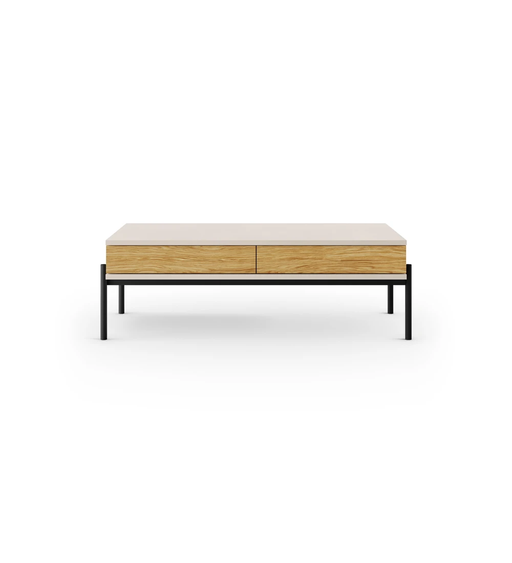 Rectangular center table in pearl, 2 drawers in natural oak, black lacquered metal structure, legs with levelers.