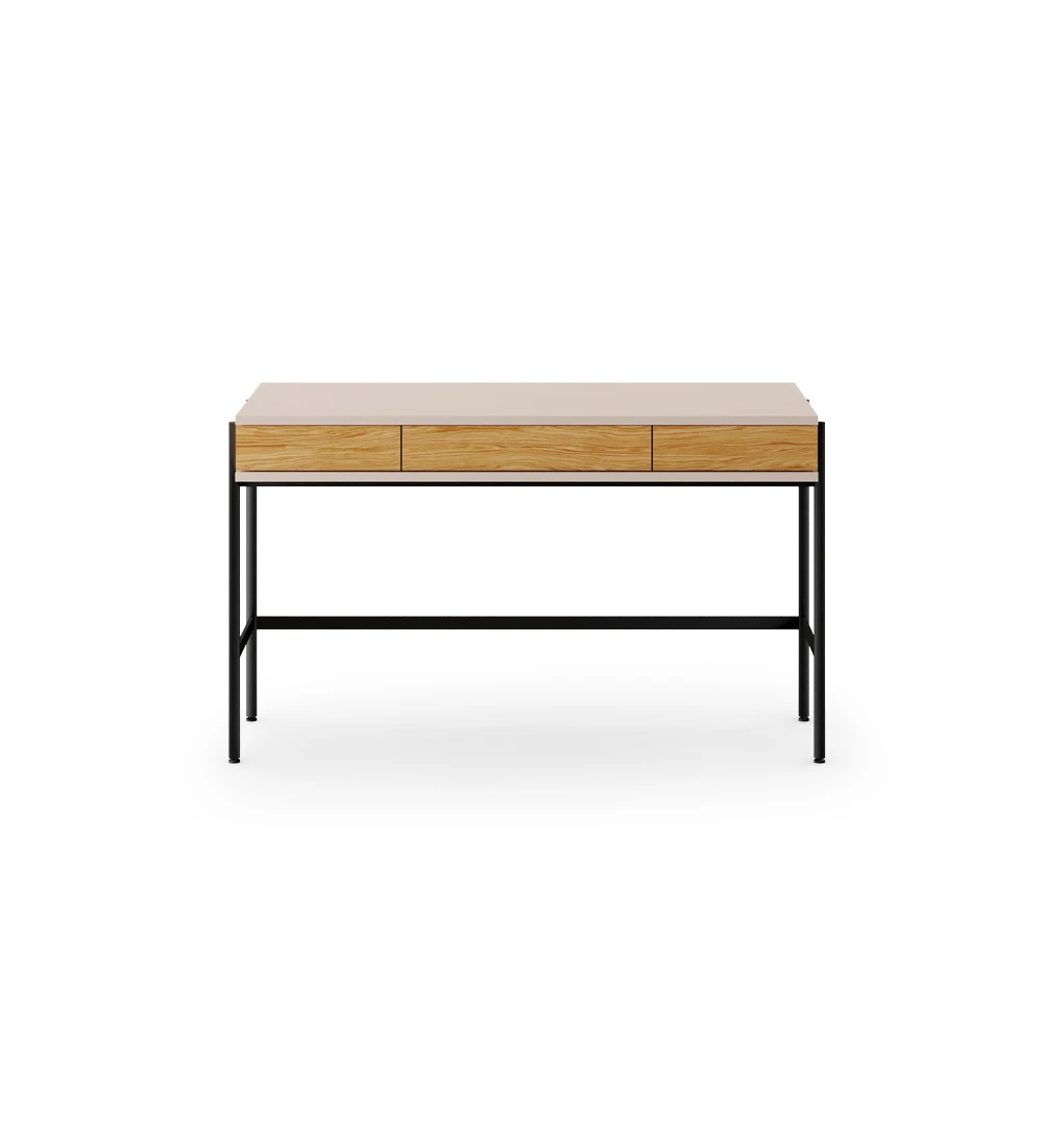 Desk with 2 drawers in natural oak, pearl structure and black lacquered metal feet with levelers.