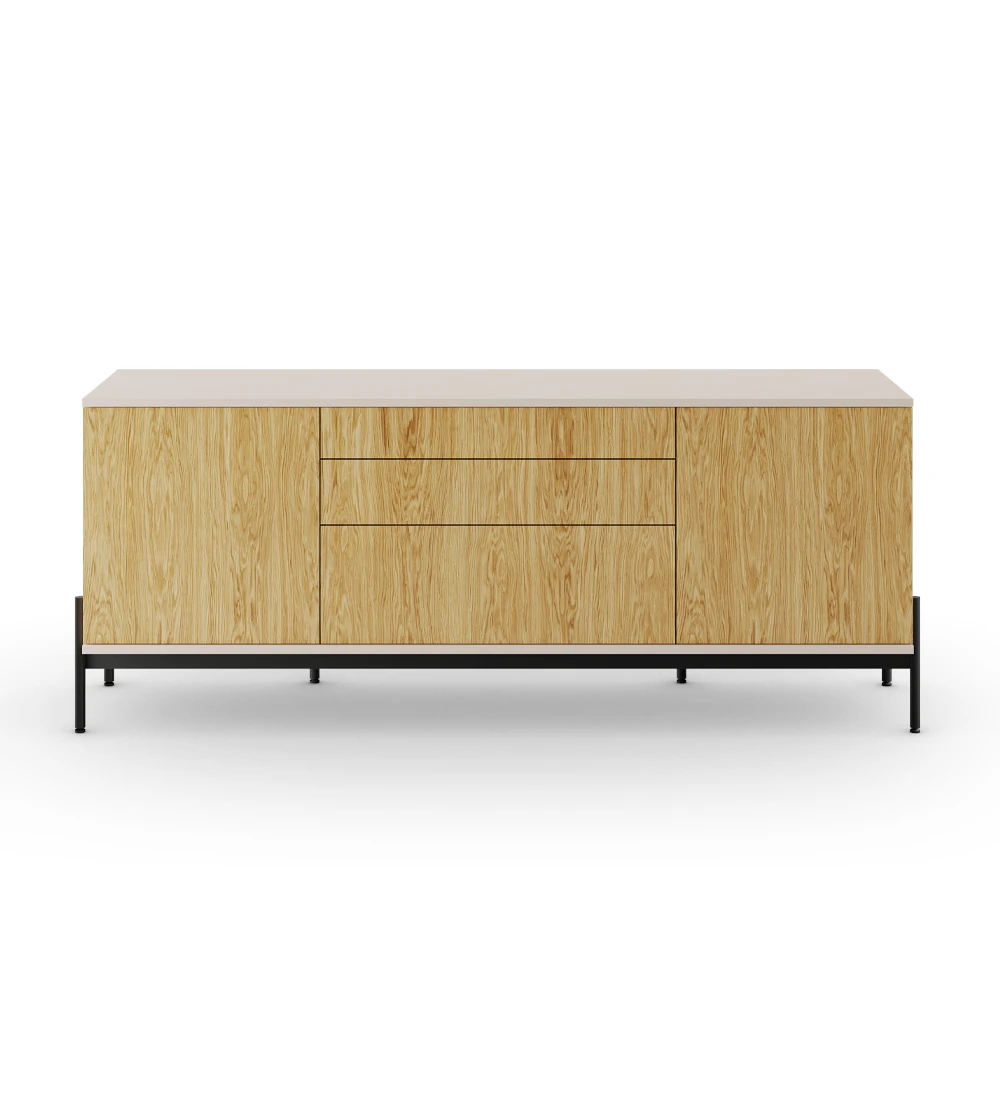 Sideboard with 2 doors, 1 hinged door and two drawers in natural oak, pearl structure and black lacquered metal feet with levelers.