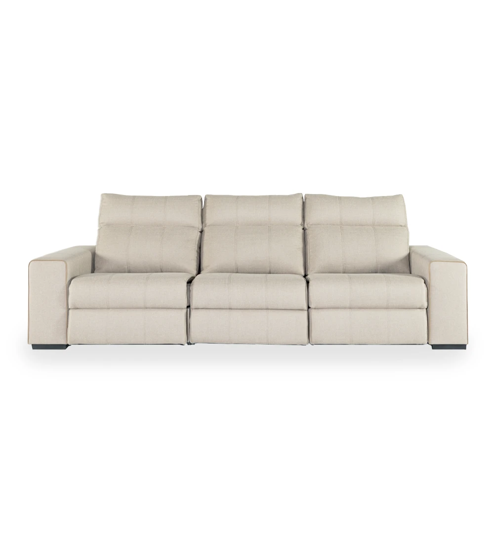 Nice 3-seater sofa upholstered in beige fabric, relax system on the side seats, 285 cm.