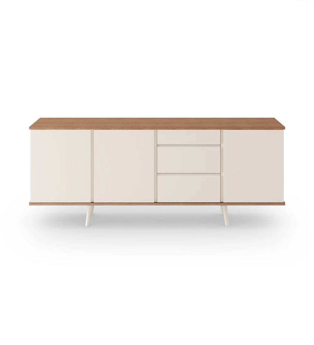Sideboard with 3 doors, 3 drawers and pearl lacquered legs, walnut structure.