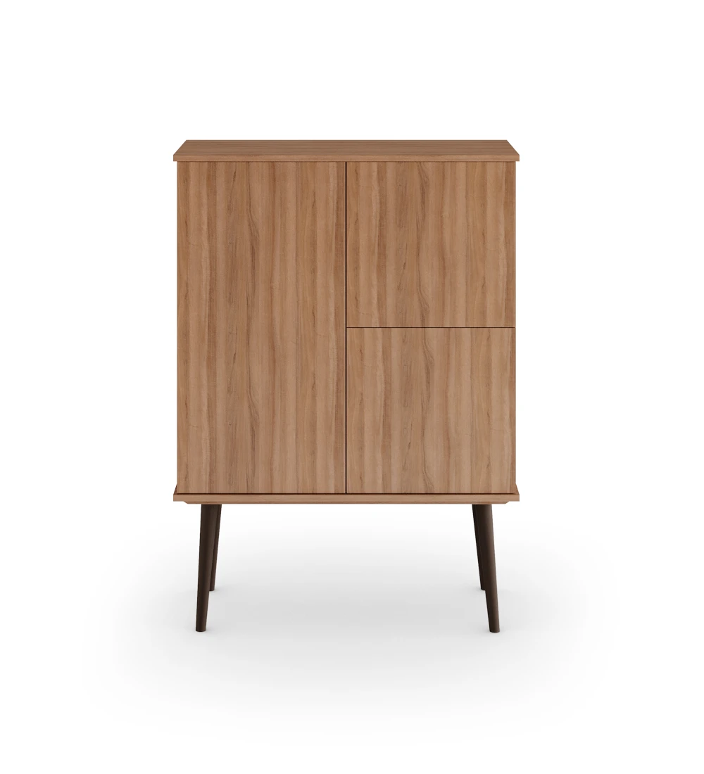 Cupboard with 3 doors and walnut structure, lacquered feet in dark brown.