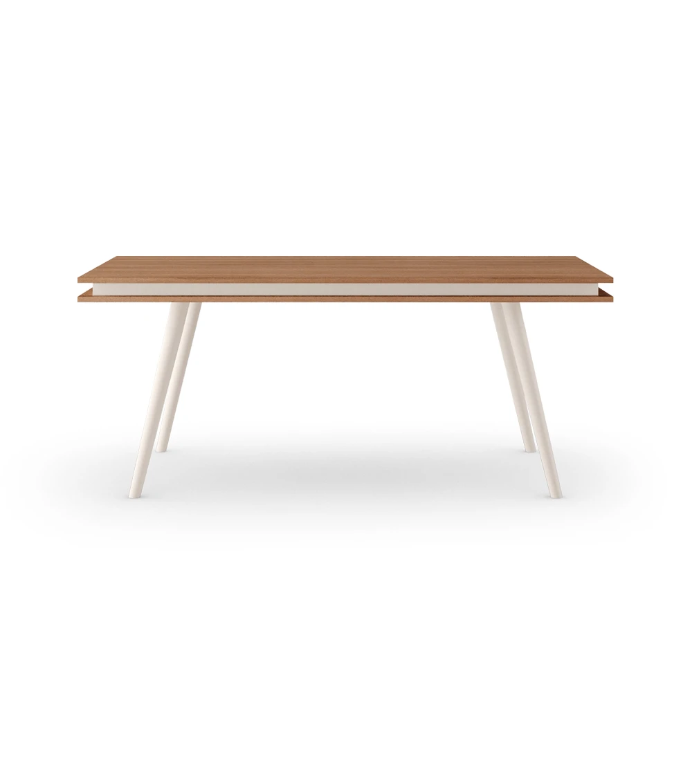 Rectangular extendable dining table with walnut top, pearl lacquered legs.