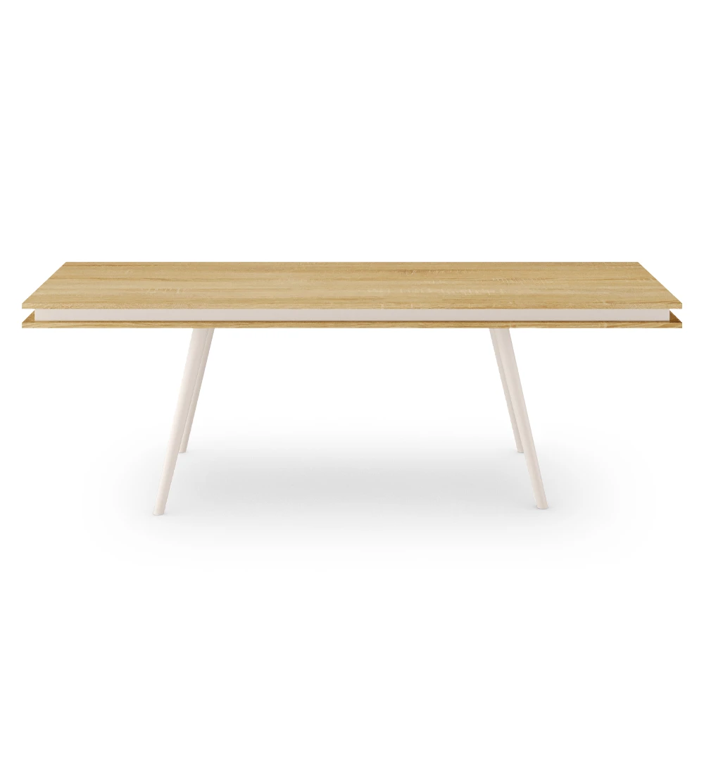 Rectangular dining table with natural color oak top, pearl lacquered legs.