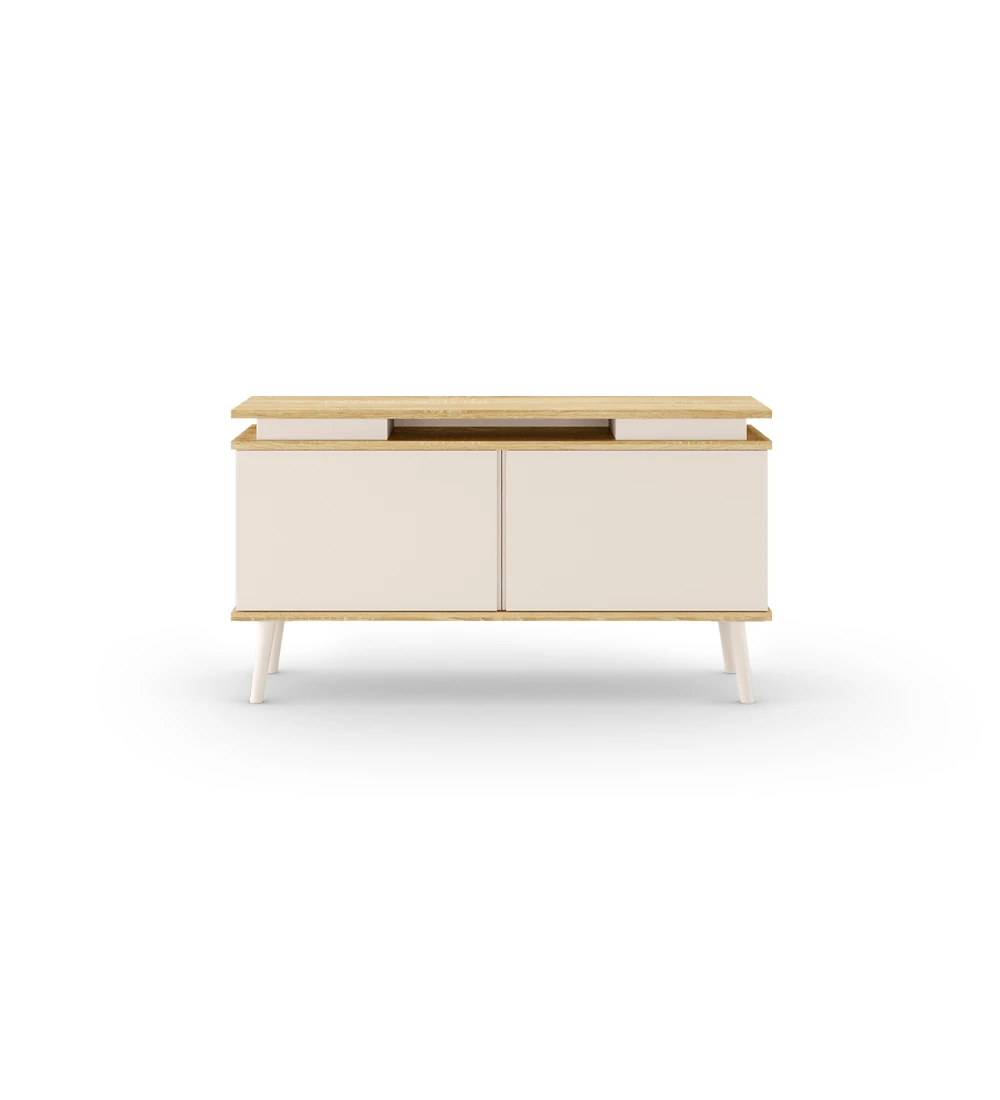 TV stand with 2 doors and pearl lacquered legs, natural color oak structure.