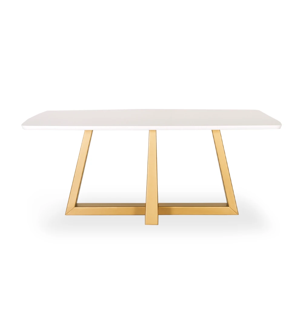 Mesa de jantar retangular com tampo lacado a branco e pé central lacado a dourado