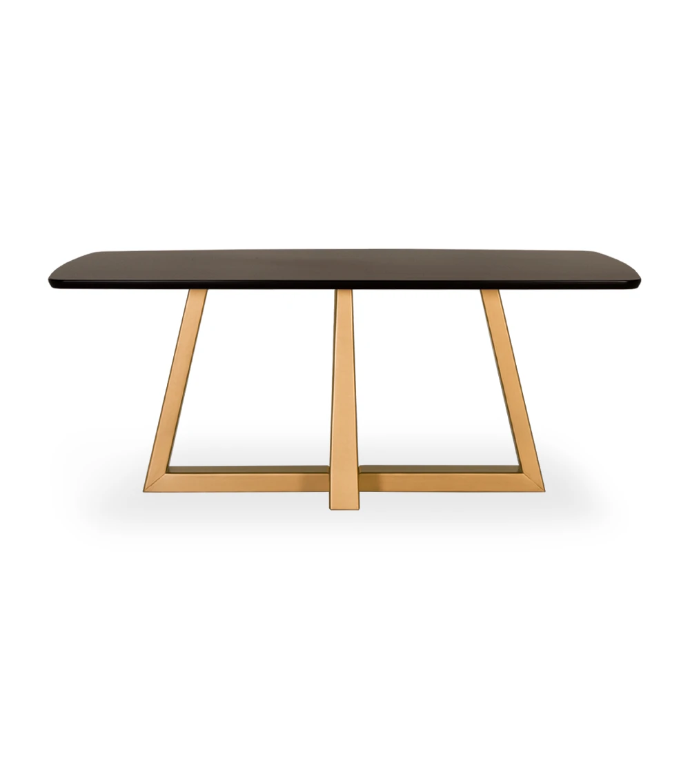 Rectangular dining table with black lacquered top and gold lacquered center foot.