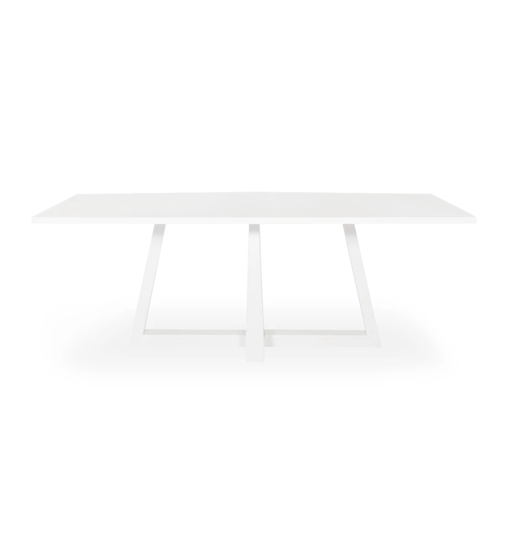 Rectangular dining table with white oak top and white lacquered center foot.