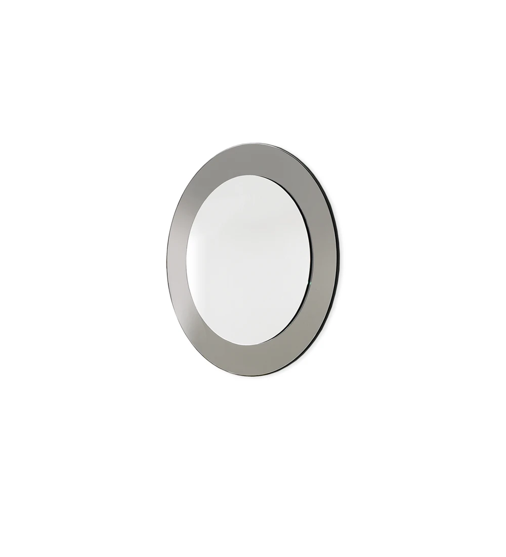 Round mirror with gray mirror border.