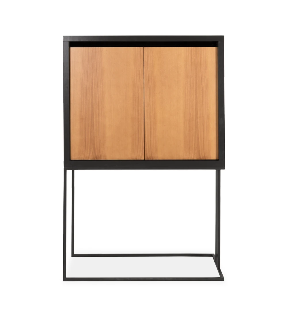 Honey oak cupboard with 2 doors, black lacquered structure, with mirror detail and black lacquered metal foot.