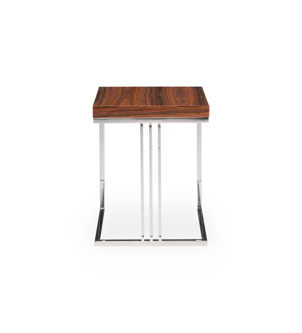 Londres square side table, high gloss palissander top, stainless steel foot, 40 x 40 cm.