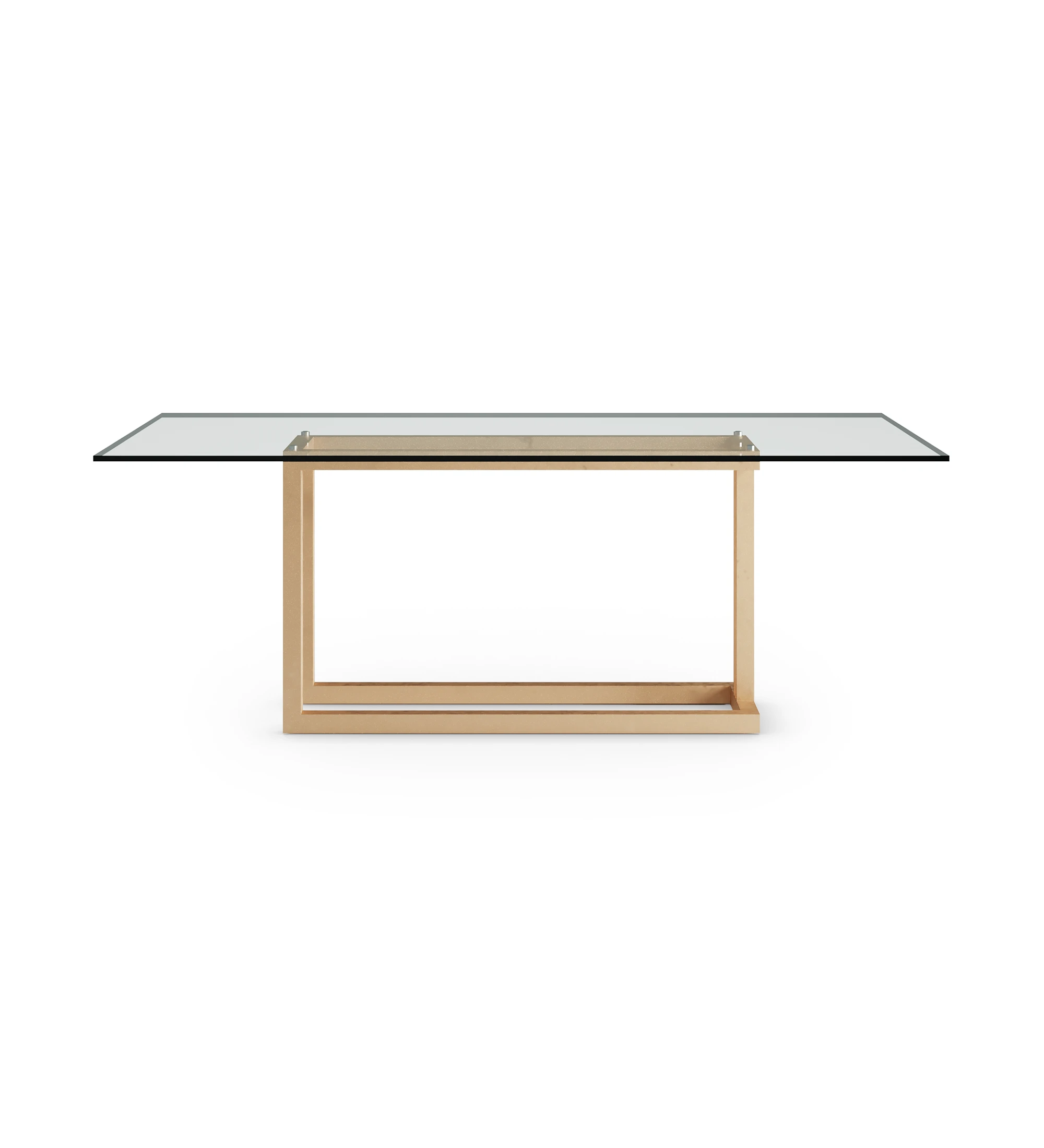 Rectangular dining table with glass top and gold lacquered metal foot.