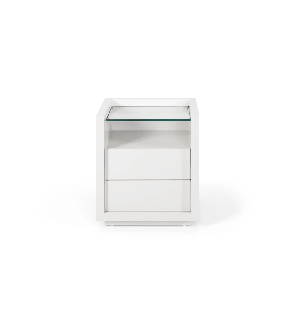 Mesa de cabeceira com 2 gavetas, em lacado pérola, com prateleira de vidro