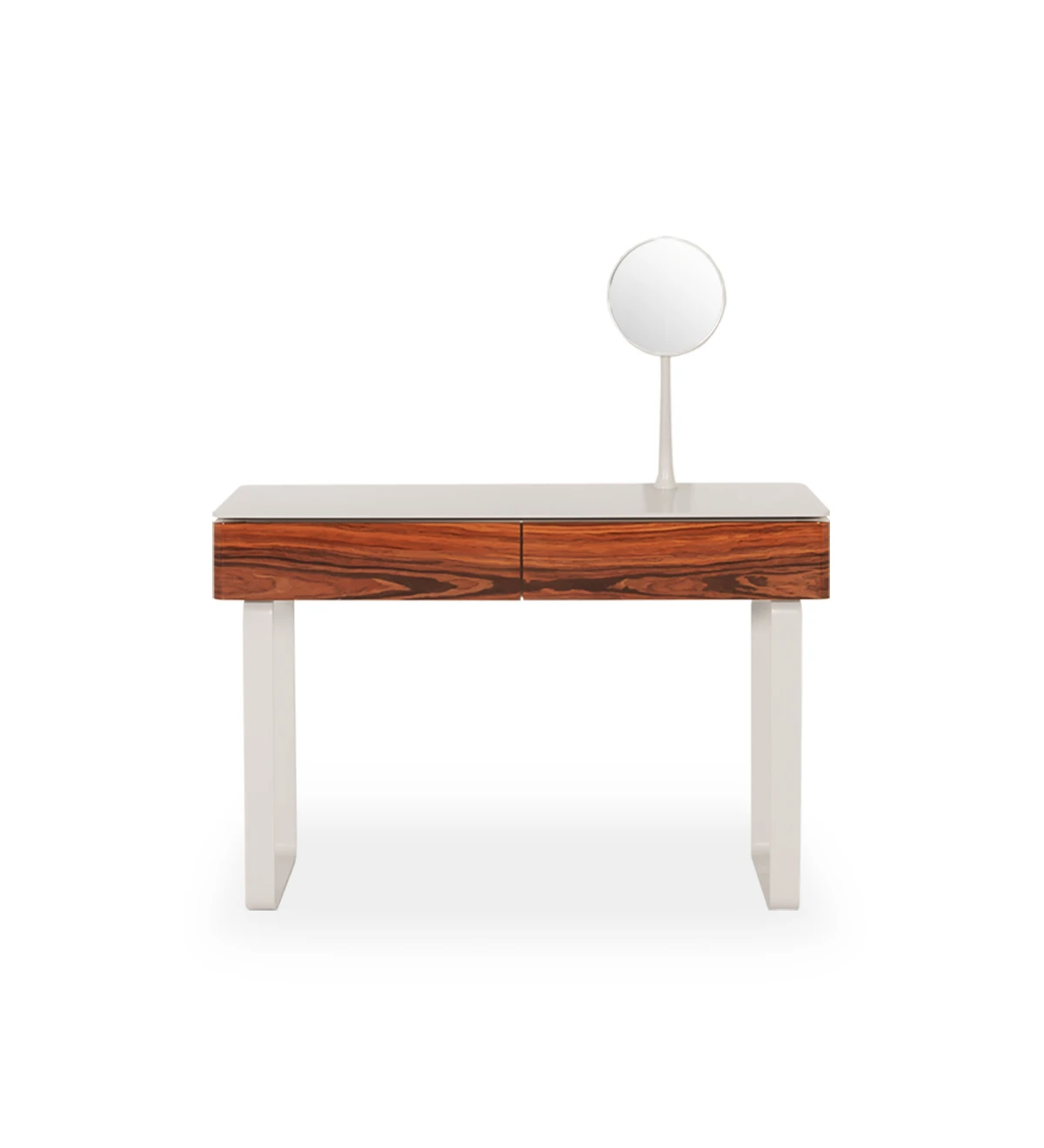 2 drawers with palisander high brightness fronts, top wood, in pearl lacquered structure, metal feet in pearl lacquered 