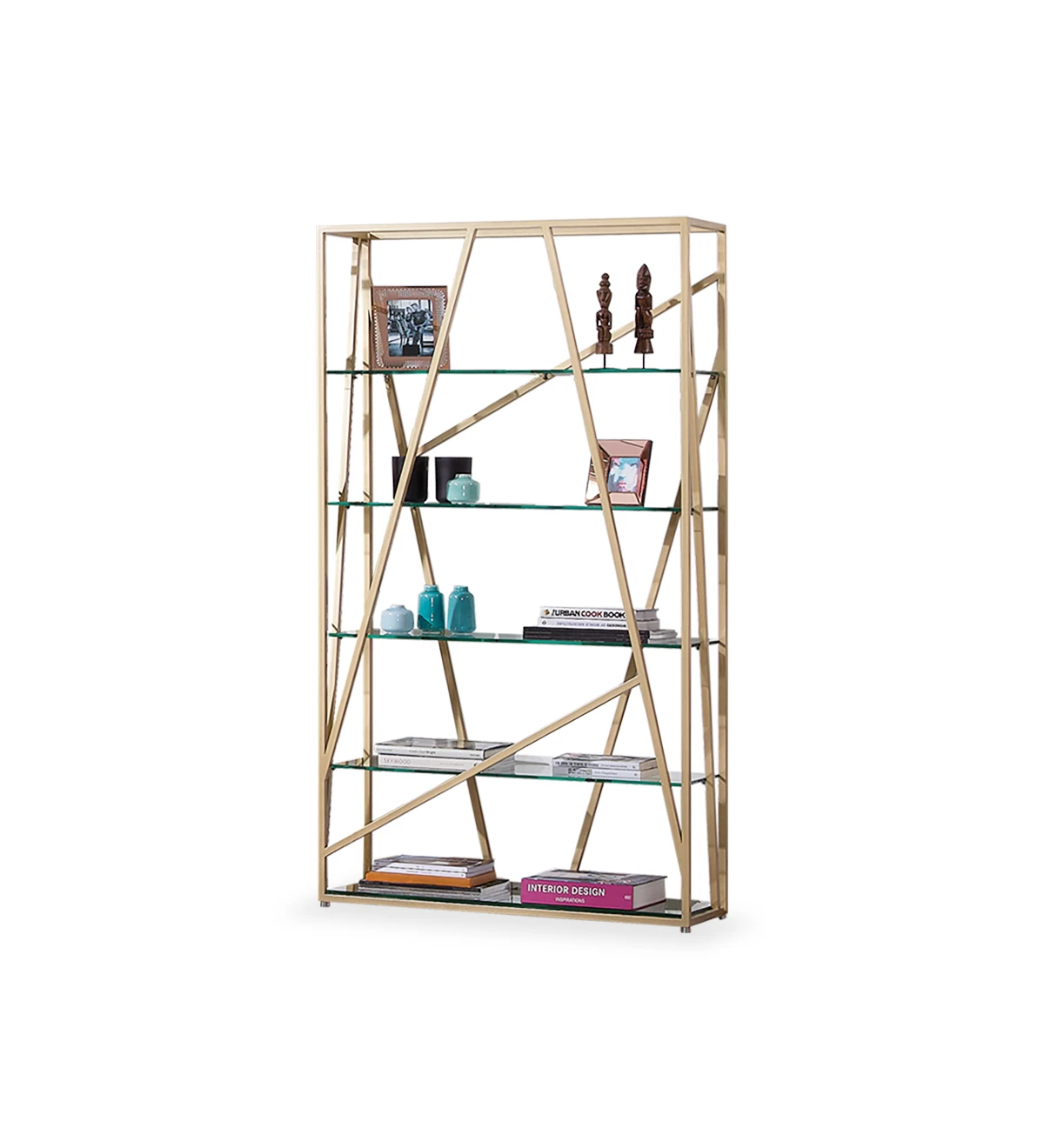 Azores bookcase with gold lacquered metal structure, 5 glass shelves, 100 x 181,5 cm.