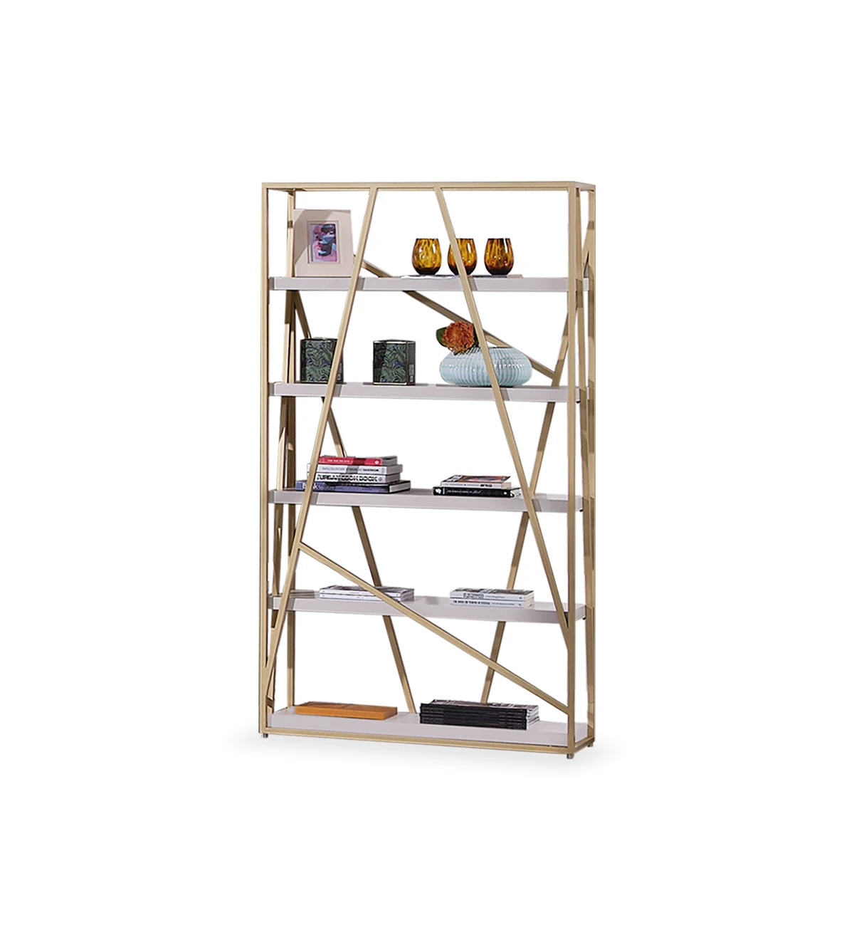 Azores bookcase with gold lacquered metal structure, 5 pearl lacquered shelves, 100 x 181,5 cm.